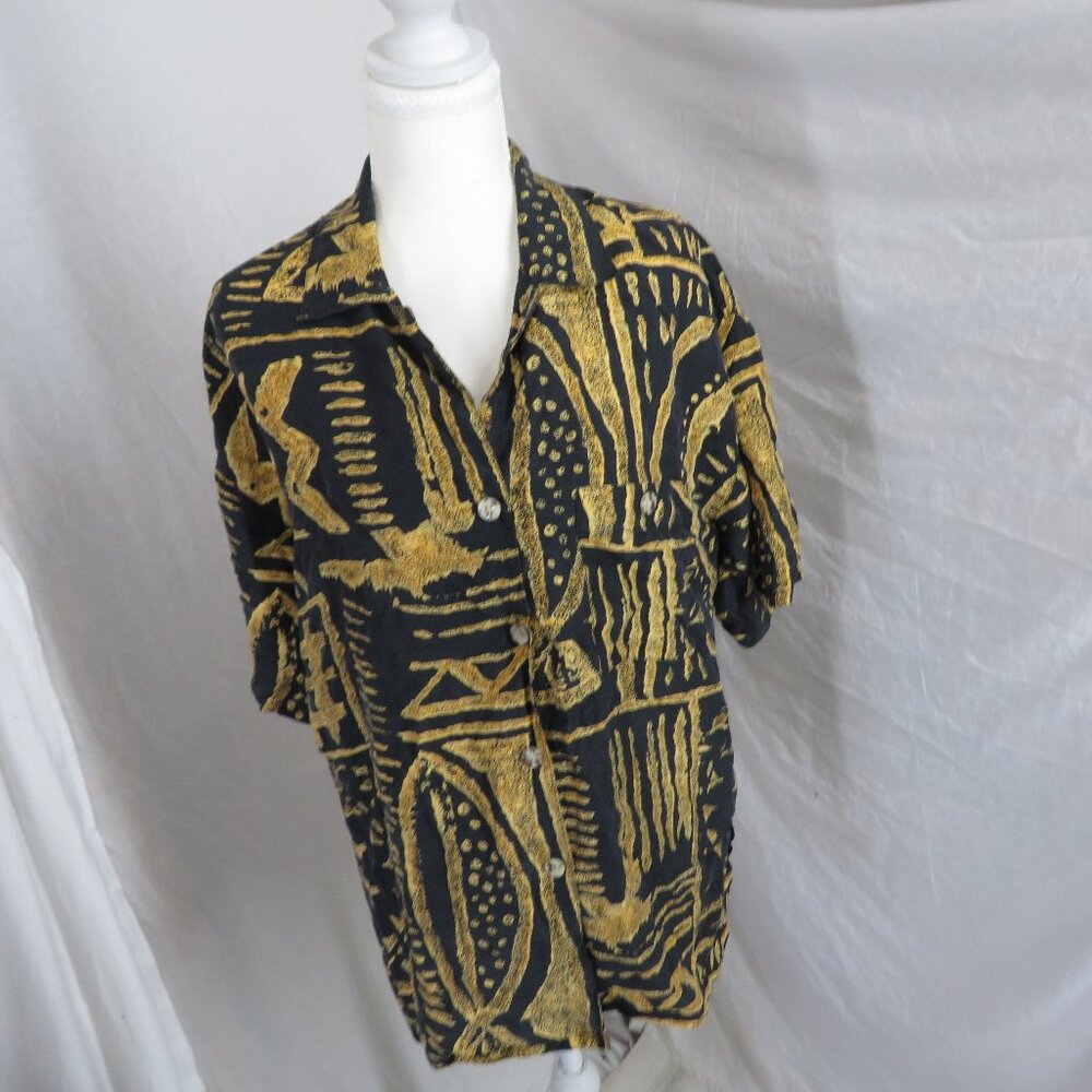 Options Melrose 100% Silk Button‑Up | Abstract Yellow Print | Size M